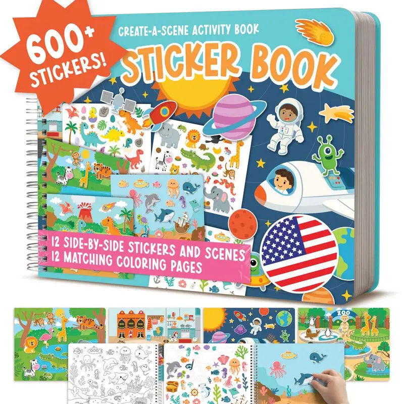 Hadley Designs Toddler Sticker Book with 600+ Reusable Stickers for Kids 2-4 - Screen-Free Create-A-Scene Travel Activity & Coloring Book