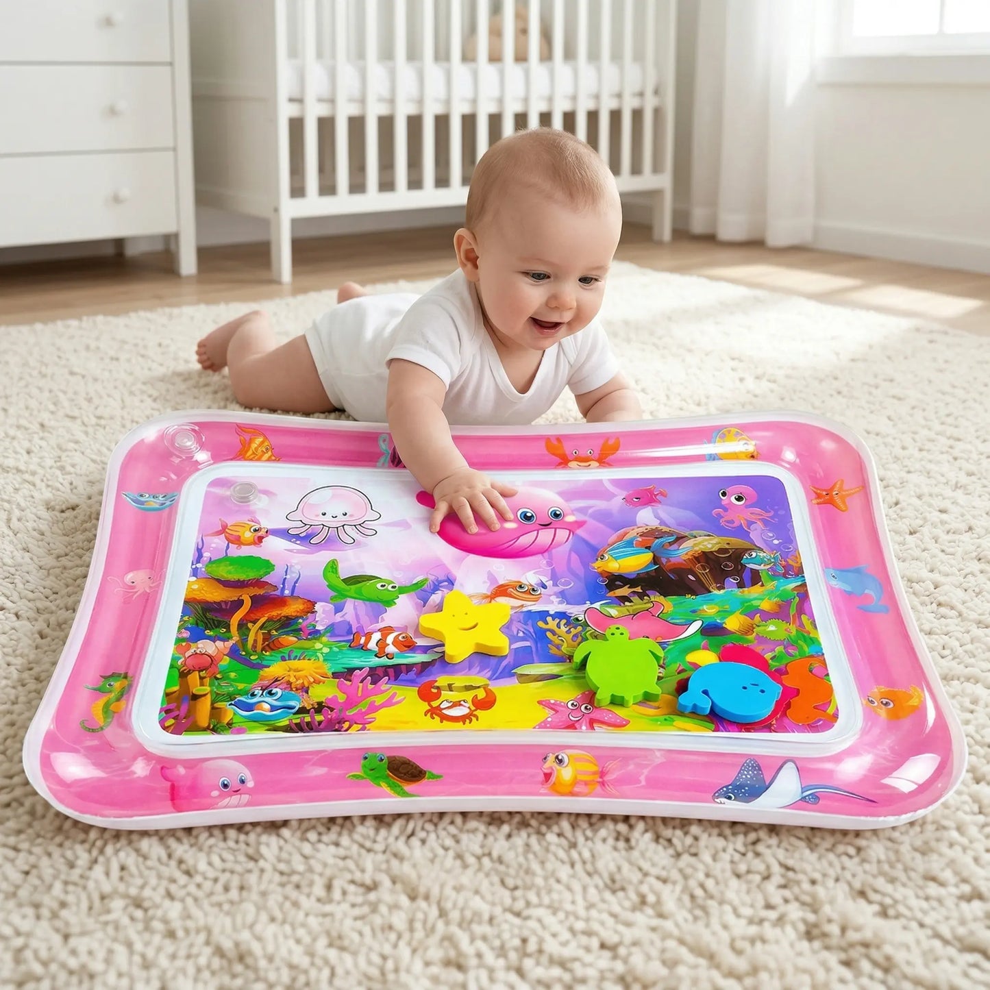Inflatable Rectangle Tummy Time Water Mat for Infants 3-24 Months, Baby Toys with Seabed Patterns & Marine Animals, Bpa-Free Leak-Proof Sensory Toy for Pool Water Play