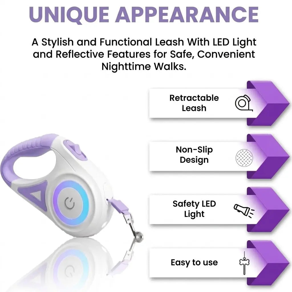 Pawzseekled Retractable Dog Leash - Easy Extension, Built-In Lighting for Enhanced Night Safety and Improved Visibility