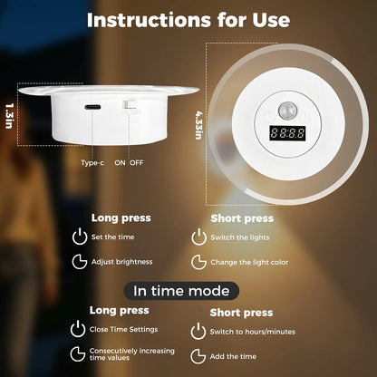 LED Smart Remote-Controlled Clock Motion Sensor Light, Wall Lamp, Rechargeable Night Light, Hill-Shaped Spotlight, 3 Color Temperatures, Dimmable, Magnetic Mounting, Suitable for Bedrooms, Nurseries, Bathrooms, Closets, Stairwells, Wardrobes, and Hallways