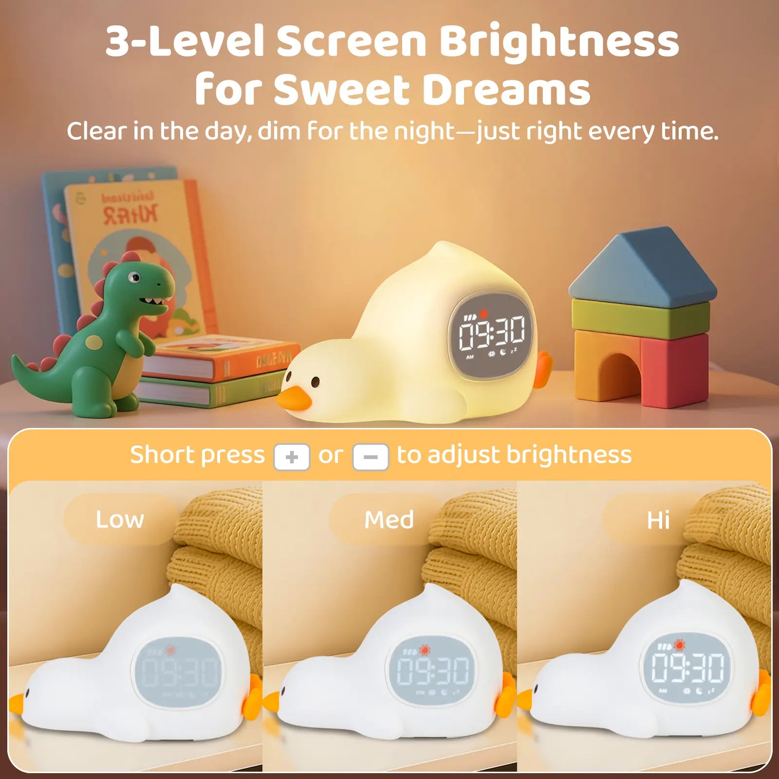 Lying Duck Kids' Sleep Trainer Alarm Clock - 7-Color Silicone Night Light, 6 White Noise Options, Dual Alarms, Snooze, Rechargeable Toddler Bedroom Bedside Clock, Ideal Birthday & Holiday Gift