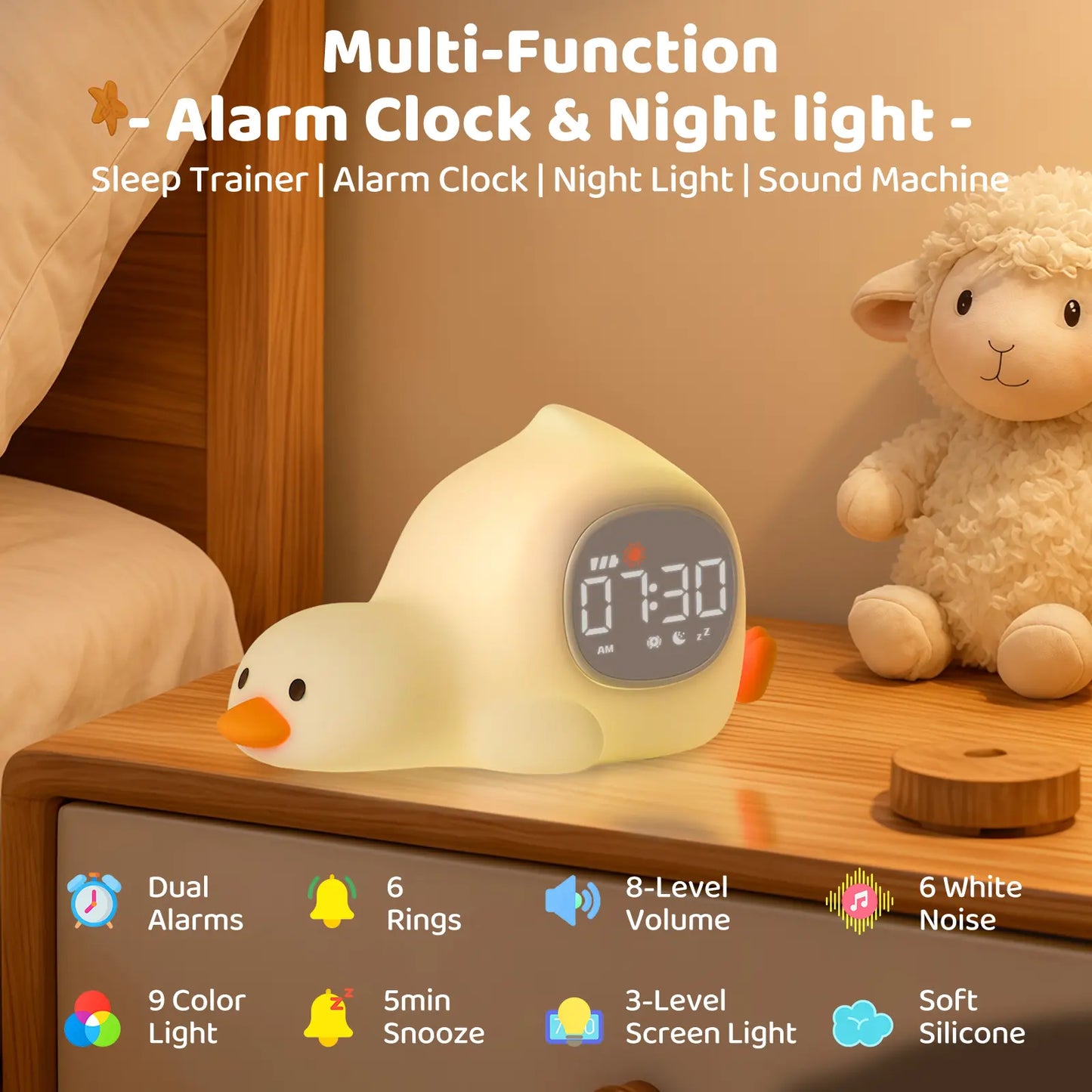Lying Duck Kids' Sleep Trainer Alarm Clock - 7-Color Silicone Night Light, 6 White Noise Options, Dual Alarms, Snooze, Rechargeable Toddler Bedroom Bedside Clock, Ideal Birthday & Holiday Gift