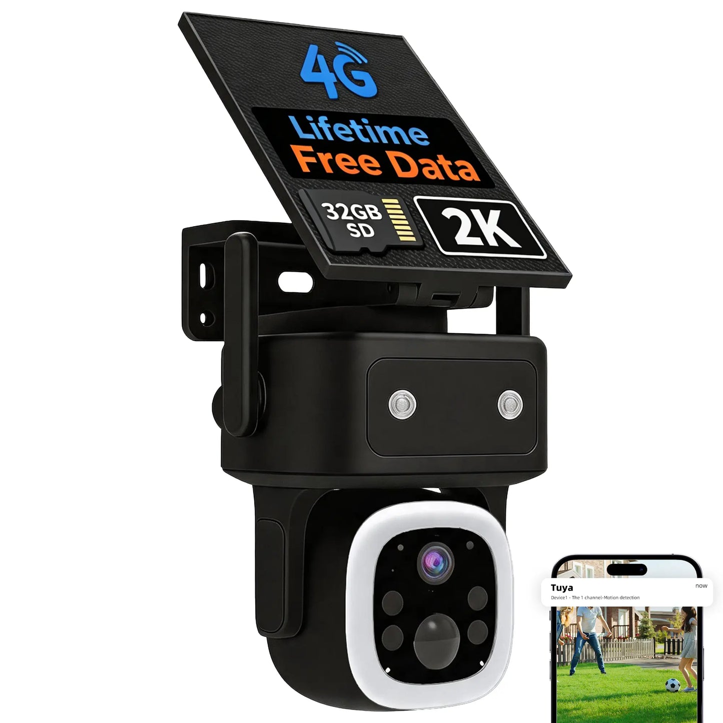 4G LTE Solar Cellular Security Camera Outdoor Wireless, Lifetime Free Data&No Monthly Fee, No Wifi, 360° PTZ, 2K Night Vision, Human Tracking, PIR, 2-Way Audio, 32GB TF Card, IP66 Waterproof