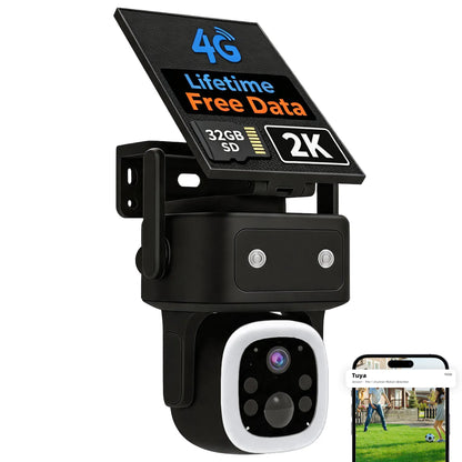 4G LTE Solar Cellular Security Camera Outdoor Wireless, Lifetime Free Data&No Monthly Fee, No Wifi, 360° PTZ, 2K Night Vision, Human Tracking, PIR, 2-Way Audio, 32GB TF Card, IP66 Waterproof