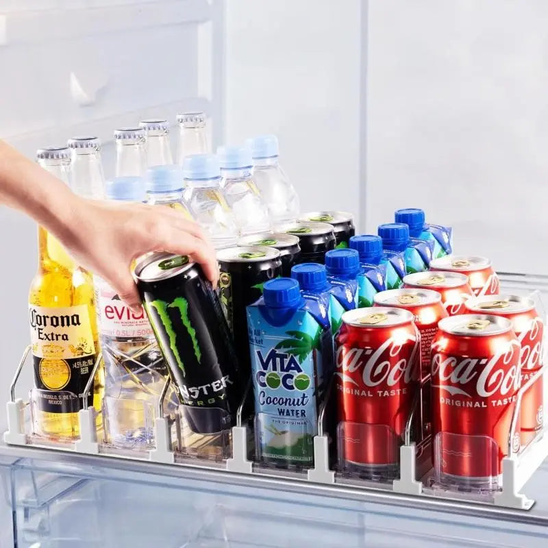 Soda Can Dispenser for Refrigerator, Self-Pushing Drink Organizer, Width Adjustable, Beer Pop Can Water Bottle Dispenser for Fridge