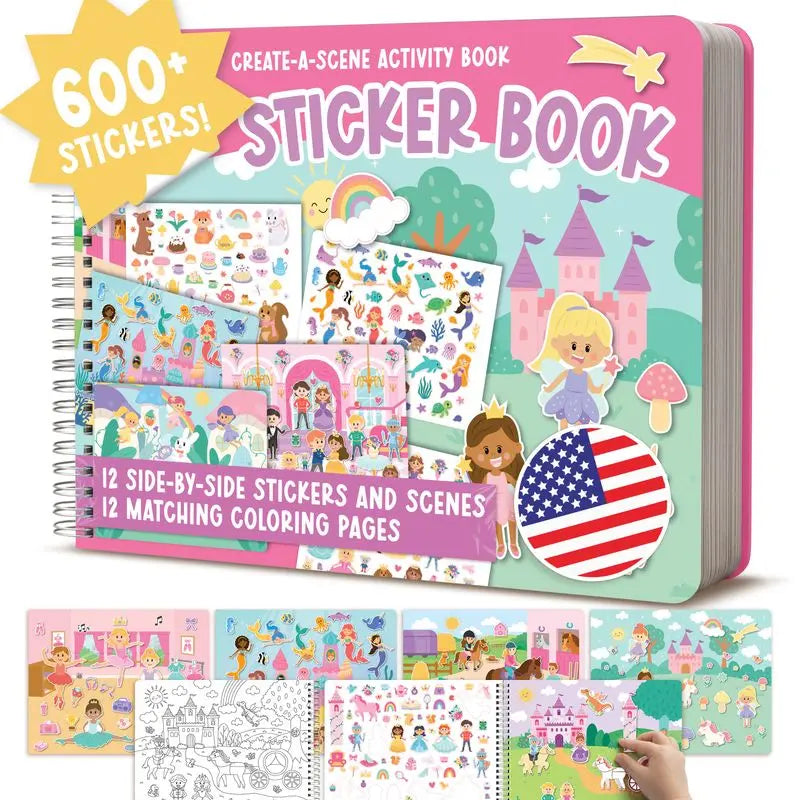 Hadley Designs Toddler Sticker Book with 600+ Reusable Stickers for Kids 2-4 - Screen-Free Create-A-Scene Travel Activity & Coloring Book