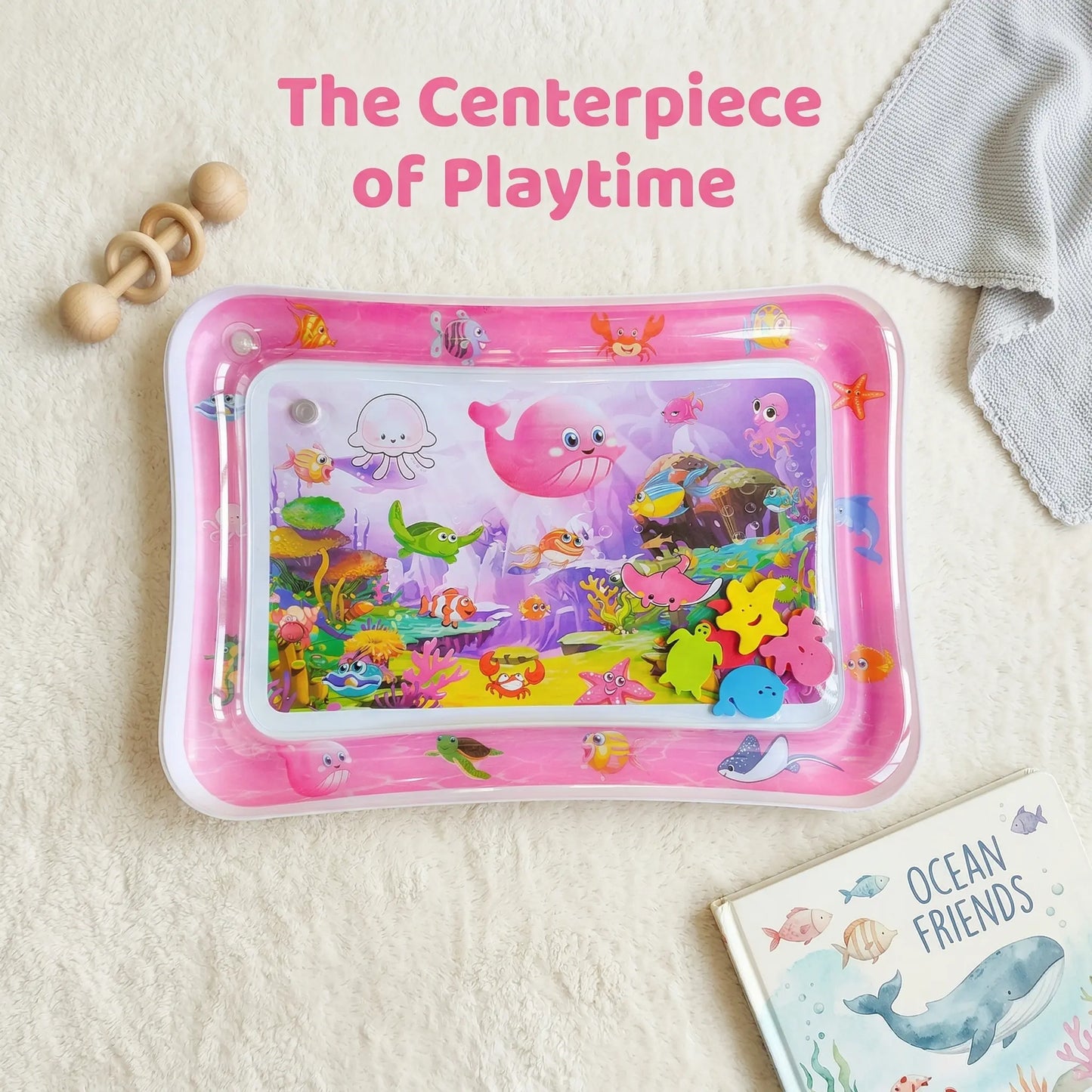 Inflatable Rectangle Tummy Time Water Mat for Infants 3-24 Months, Baby Toys with Seabed Patterns & Marine Animals, Bpa-Free Leak-Proof Sensory Toy for Pool Water Play