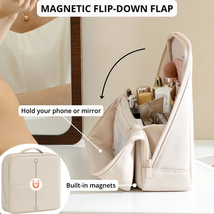 Waterproof Leather Makeup Bag for Travel, Clean Girl Vanity Organizer with Luggage Strap