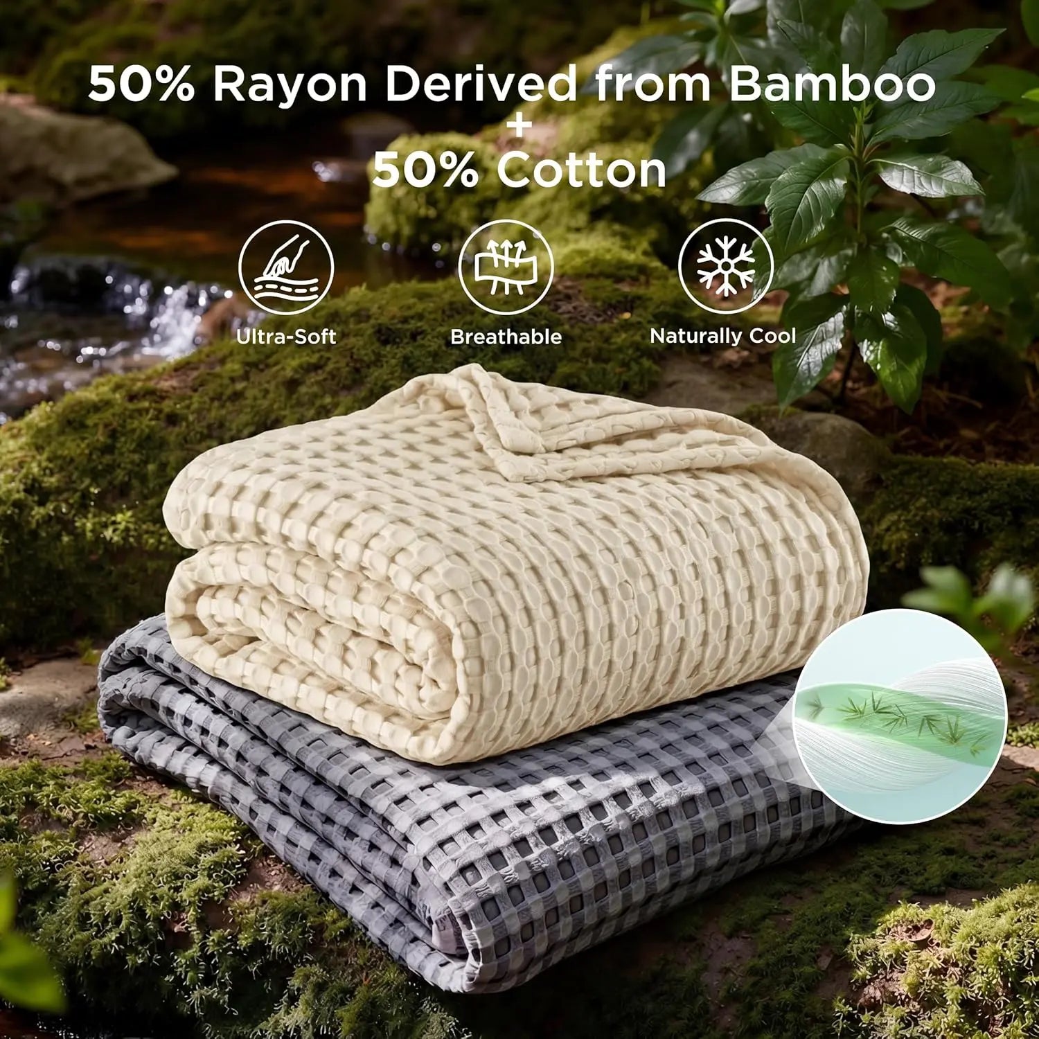 Bedsure Cooling Bamboo Waffle Blanket - Lightweight Breathable Cotton Blanket of Rayon Derived from Bamboo for Hot Sleepers, Luxury Throws for Bed, Couch and Sofa