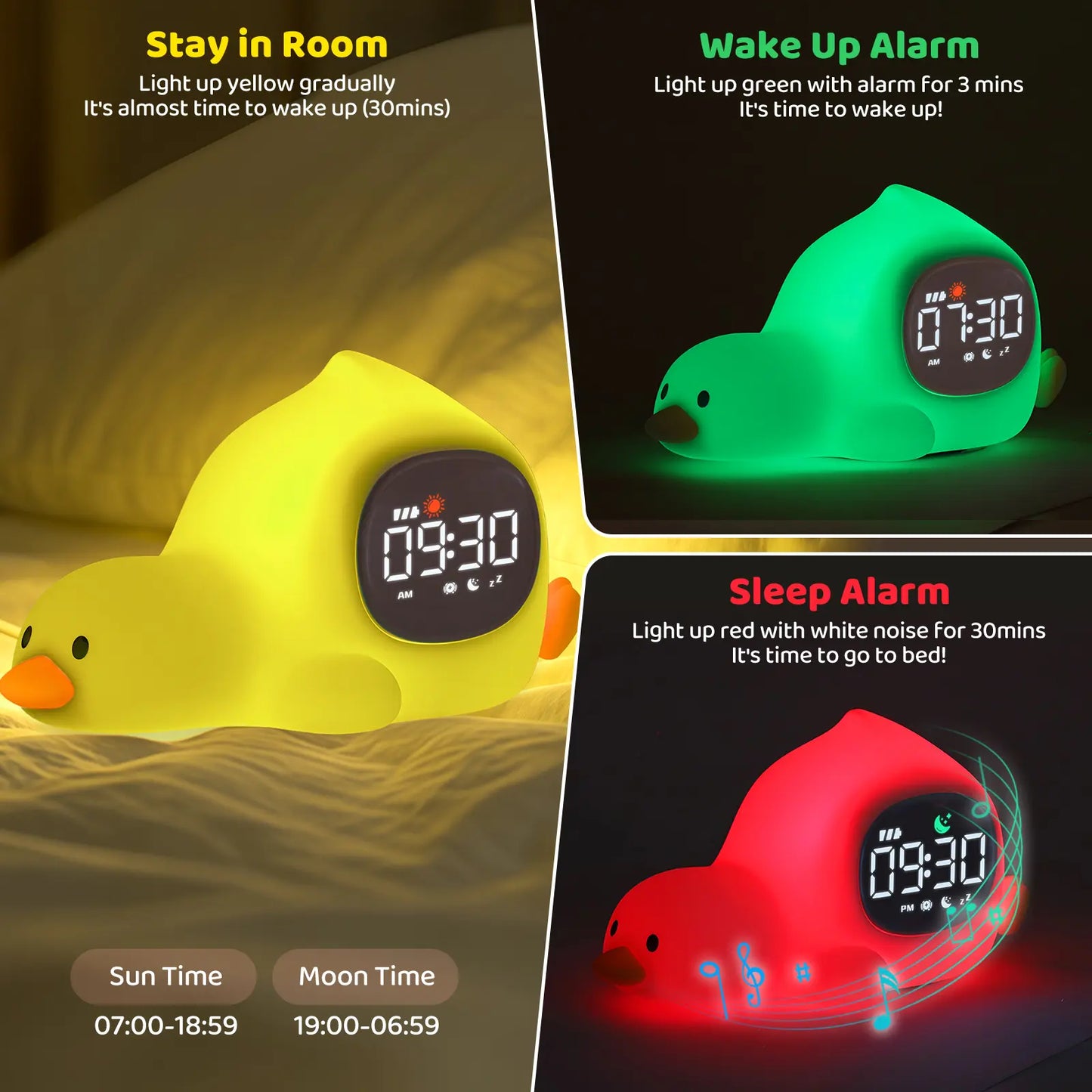 Lying Duck Kids' Sleep Trainer Alarm Clock - 7-Color Silicone Night Light, 6 White Noise Options, Dual Alarms, Snooze, Rechargeable Toddler Bedroom Bedside Clock, Ideal Birthday & Holiday Gift