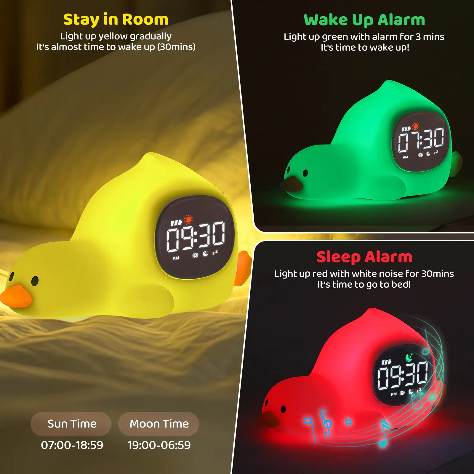 Lying Duck Kids' Sleep Trainer Alarm Clock - 7-Color Silicone Night Light, 6 White Noise Options, Dual Alarms, Snooze, Rechargeable Toddler Bedroom Bedside Clock, Ideal Birthday & Holiday Gift