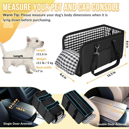 Small Dog Car Seat Center Console Booster Seat for Small Dogs & Cats, Safe Travel Pet Carrier with Safety Leash, Portable Armrest Pet Bed for Car, Non-Slip Pet Travel Carrier for Small Breeds