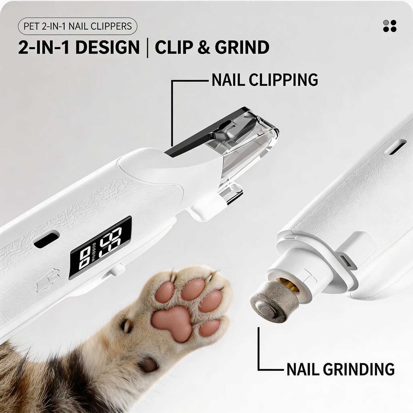 Rechargeable Pet Nail Clipper with LED Light & Digital Display, Electric Dog Cat Nail Trimmer with Safety Guard, Professional Pet Grooming Tool for Small Medium Large Pets