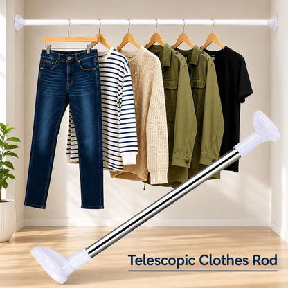 Adjustable No-Drill Wardrobe Rod, Telescopic Clothes Drying Rod, Available in Two Sizes, Rust-Proof Hanger, Suitable for Bathrooms, Shelves, and Wardrobes.