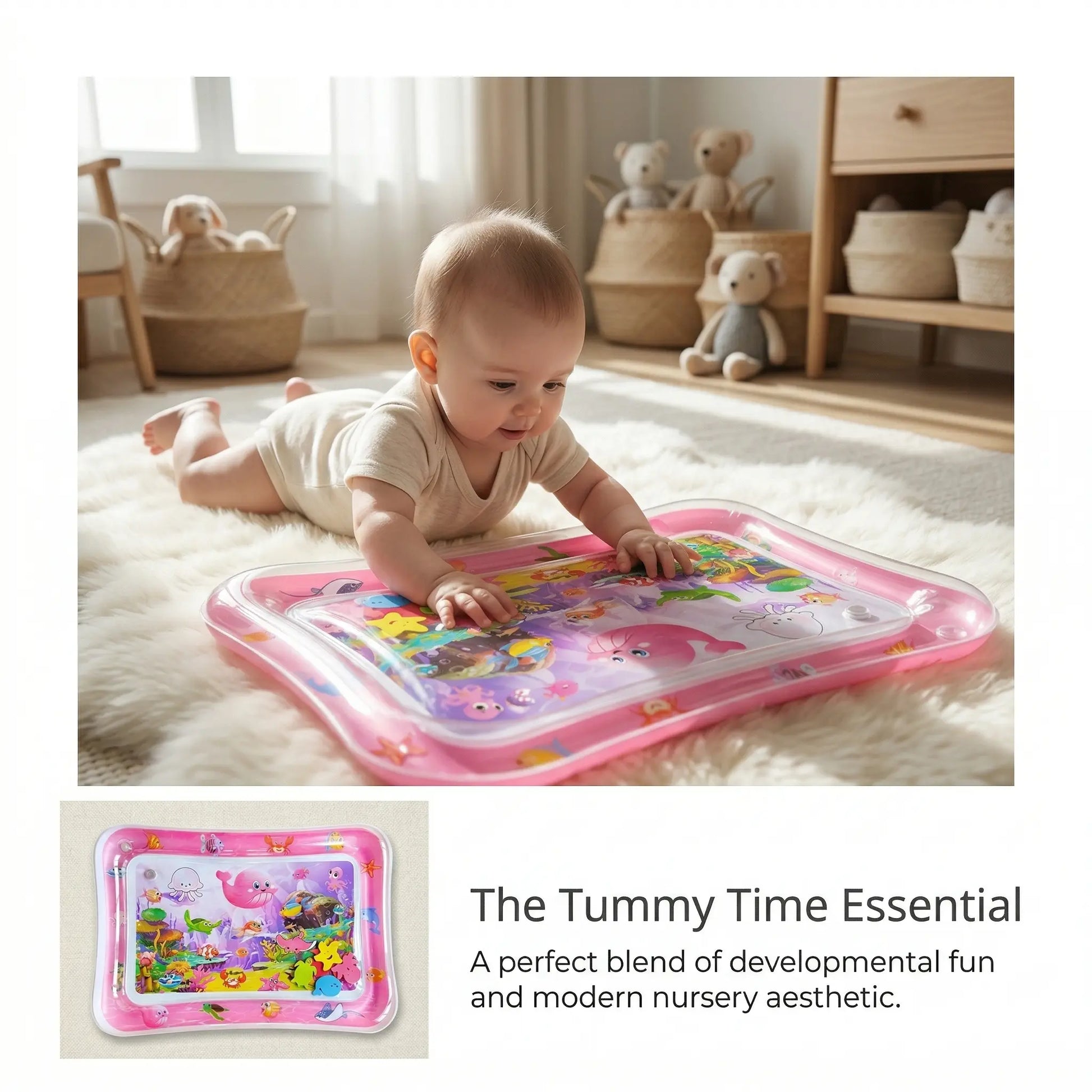 Inflatable Rectangle Tummy Time Water Mat for Infants 3-24 Months, Baby Toys with Seabed Patterns & Marine Animals, Bpa-Free Leak-Proof Sensory Toy for Pool Water Play