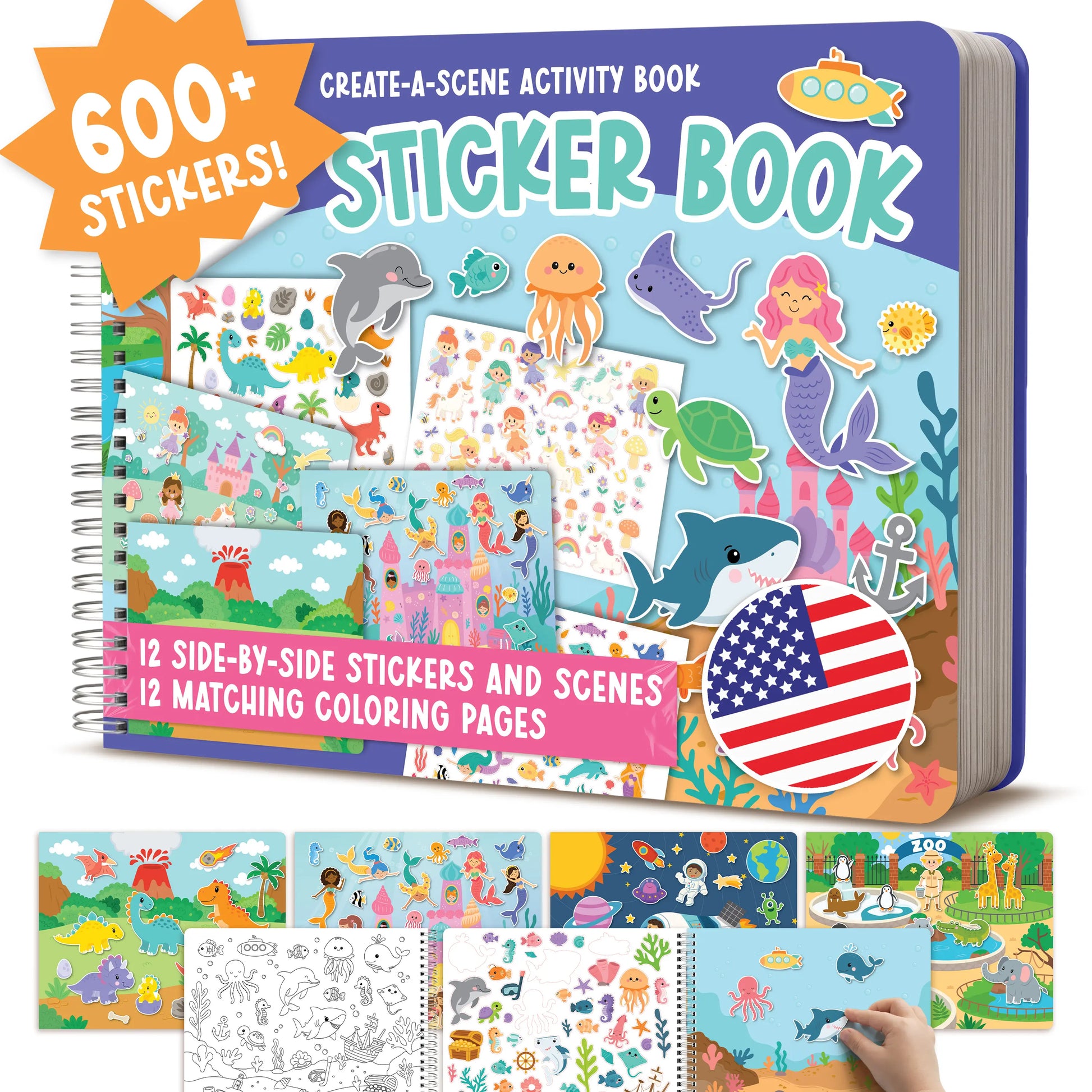 Hadley Designs Toddler Sticker Book with 600+ Reusable Stickers for Kids 2-4 - Screen-Free Create-A-Scene Travel Activity & Coloring Book