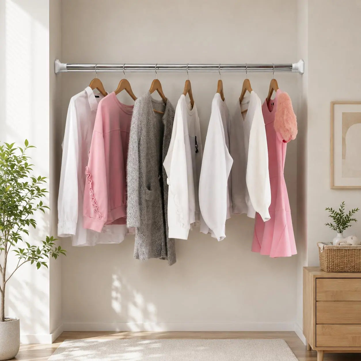 Adjustable No-Drill Wardrobe Rod, Telescopic Clothes Drying Rod, Available in Two Sizes, Rust-Proof Hanger, Suitable for Bathrooms, Shelves, and Wardrobes.