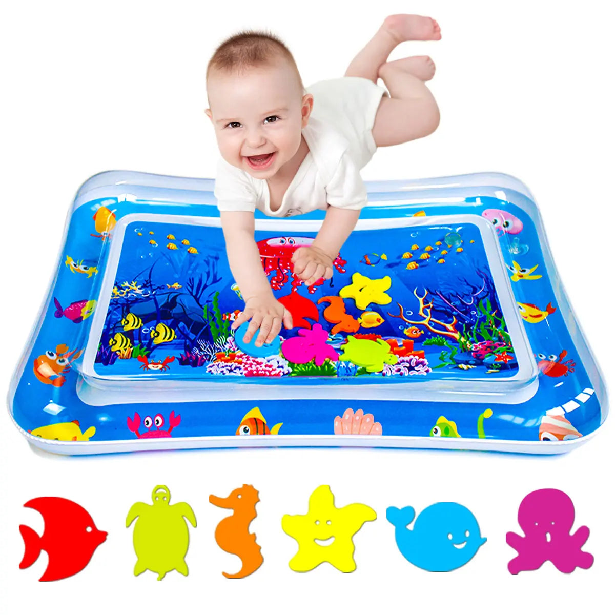 Inflatable Rectangle Tummy Time Water Mat for Infants 3-24 Months, Baby Toys with Seabed Patterns & Marine Animals, Bpa-Free Leak-Proof Sensory Toy for Pool Water Play