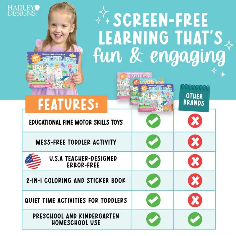 Hadley Designs Toddler Sticker Book with 600+ Reusable Stickers for Kids 2-4 - Screen-Free Create-A-Scene Travel Activity & Coloring Book