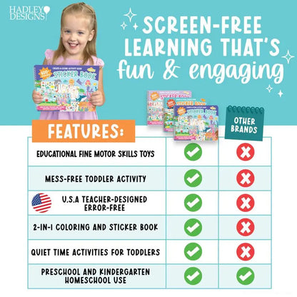 Hadley Designs Toddler Sticker Book with 600+ Reusable Stickers for Kids 2-4 - Screen-Free Create-A-Scene Travel Activity & Coloring Book