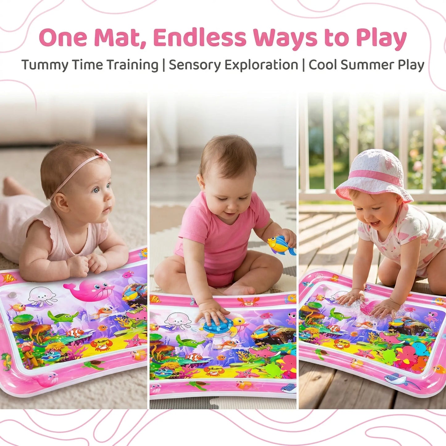 Inflatable Rectangle Tummy Time Water Mat for Infants 3-24 Months, Baby Toys with Seabed Patterns & Marine Animals, Bpa-Free Leak-Proof Sensory Toy for Pool Water Play