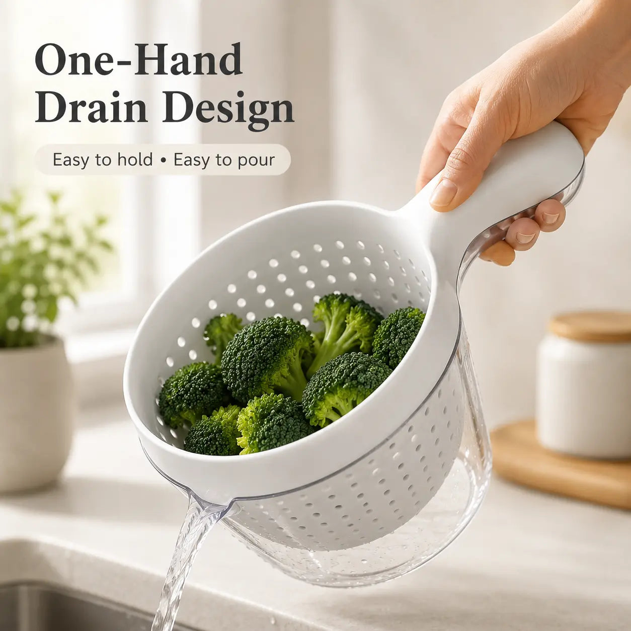 Double-Layer Fruit Drainer Basket with Handle, Macaron Colander Bowl with Transparent Water Container, One-Handed Washing Strainer for Fruits, Vegetables, Berries, Snacks, Kitchen Sink Storage Bowl