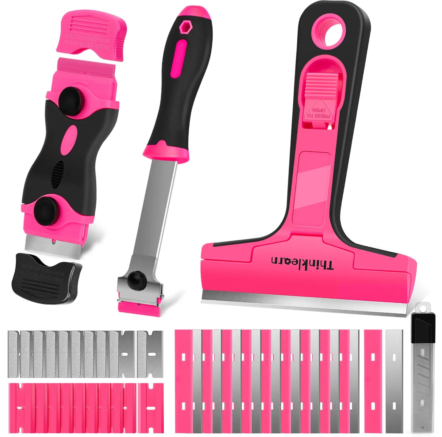 【Dealsforyou】 THINKLEARN 3-In-1 Scraper Tool Set, 3-Pack Pink Razor Scrapers with 40 Replacement Blades, Ideal for Removing Stickers, Adhesive, Caulk, and Cleaning Glass Surfaces