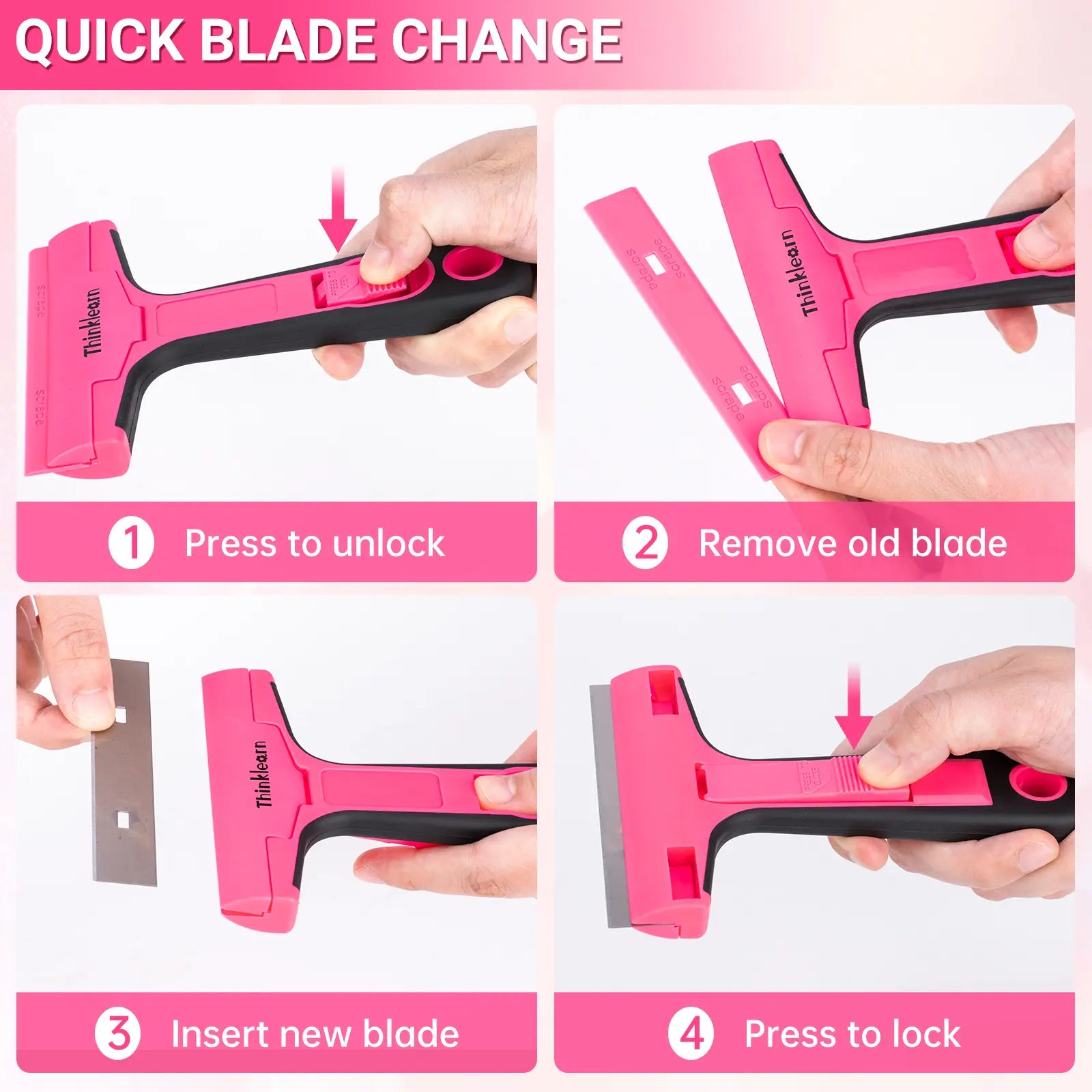 【Dealsforyou】 THINKLEARN 3-In-1 Scraper Tool Set, 3-Pack Pink Razor Scrapers with 40 Replacement Blades, Ideal for Removing Stickers, Adhesive, Caulk, and Cleaning Glass Surfaces