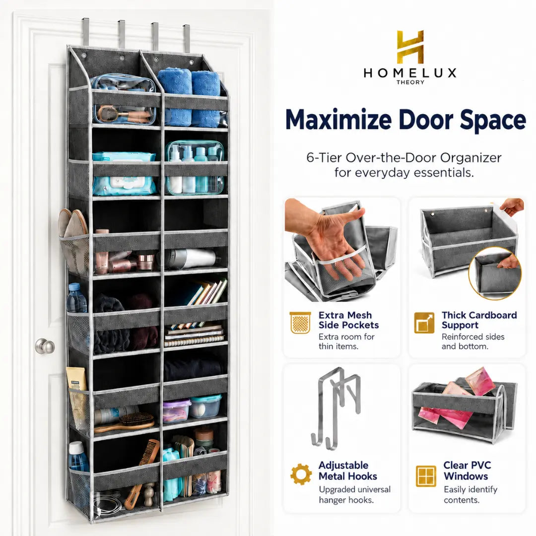 HOMELUX THEORY Heavy Duty over Door Organizer with Multi-Size Pockets & 12 Extra Mesh Side Storage Stable Anti-Tilt Non-Woven Fabric Heavy Weight Capacity