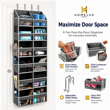 HOMELUX THEORY Heavy Duty over Door Organizer with Multi-Size Pockets & 12 Extra Mesh Side Storage Stable Anti-Tilt Non-Woven Fabric Heavy Weight Capacity