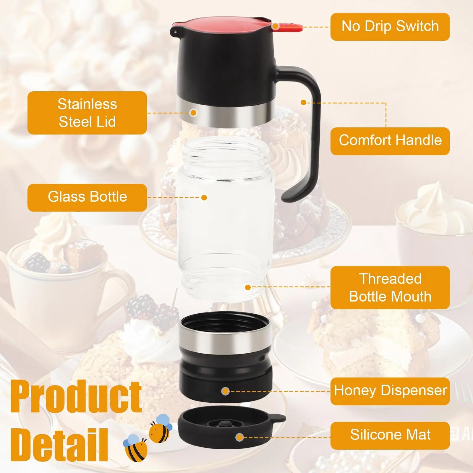 10Oz Glass Honey Dispenser with Spout, No-Drip Leak-Free Design, Handle, Easy to Clean & Refill, Maintains Freshness, Kitchen Preserving Container for Maple Syrup Everyday Use