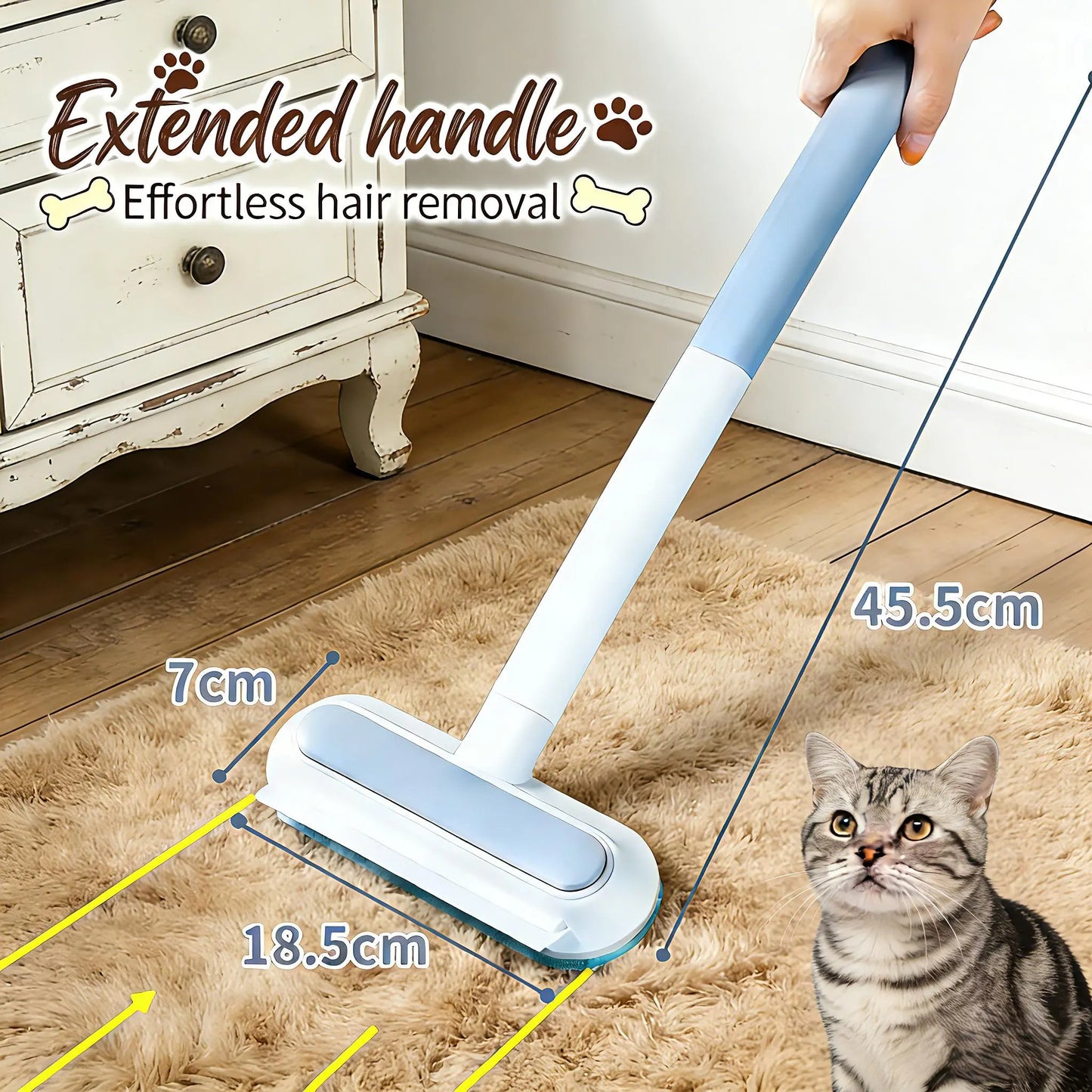 4-In-1 Long Handle Pet Fur Remover Brush & Washable Cleaning Gloves Set, Indoor Pet Hair Removal Lint Cleaner