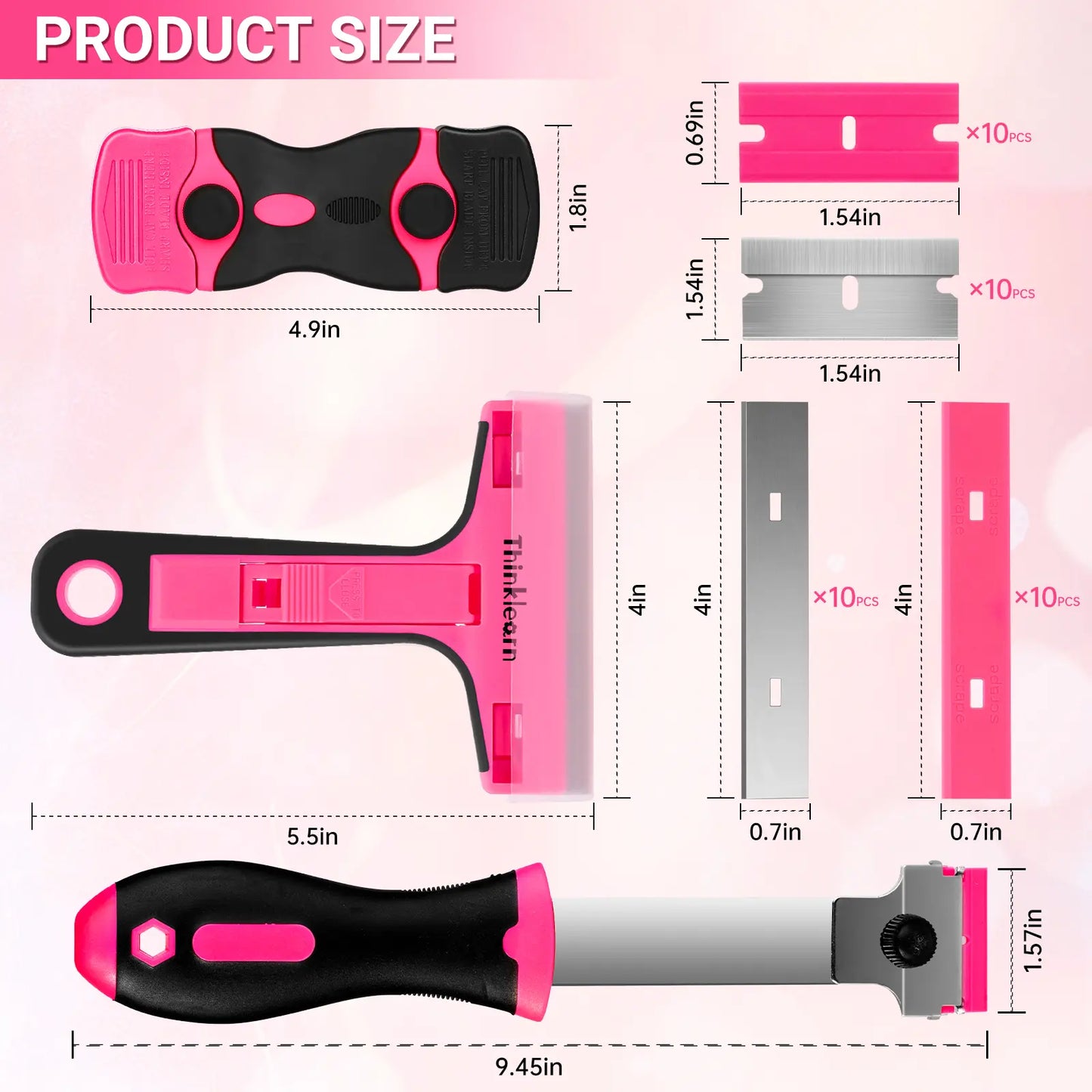 【Dealsforyou】 THINKLEARN 3-In-1 Scraper Tool Set, 3-Pack Pink Razor Scrapers with 40 Replacement Blades, Ideal for Removing Stickers, Adhesive, Caulk, and Cleaning Glass Surfaces