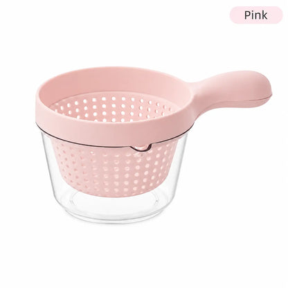 Double-Layer Fruit Drainer Basket with Handle, Macaron Colander Bowl with Transparent Water Container, One-Handed Washing Strainer for Fruits, Vegetables, Berries, Snacks, Kitchen Sink Storage Bowl