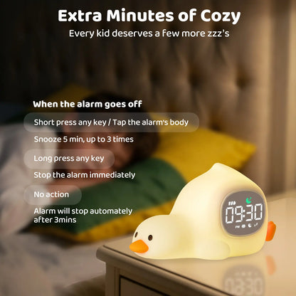 Lying Duck Kids' Sleep Trainer Alarm Clock - 7-Color Silicone Night Light, 6 White Noise Options, Dual Alarms, Snooze, Rechargeable Toddler Bedroom Bedside Clock, Ideal Birthday & Holiday Gift