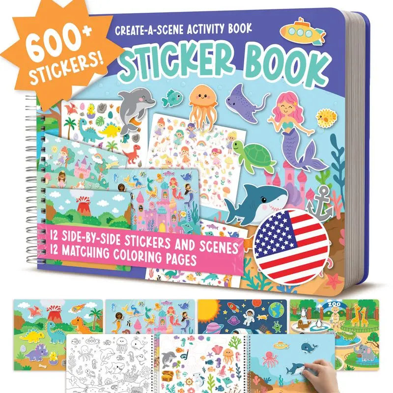 Hadley Designs Toddler Sticker Book with 600+ Reusable Stickers for Kids 2-4 - Screen-Free Create-A-Scene Travel Activity & Coloring Book