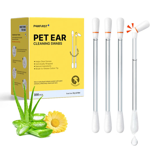 Pawfirst Single-Use Pet Ear Cleaner Swabs (100 Pack) - Break-To-Release Wax Removal & Odor Remover with Aloe, Witch Hazel & Chamomile for Dogs & Cats