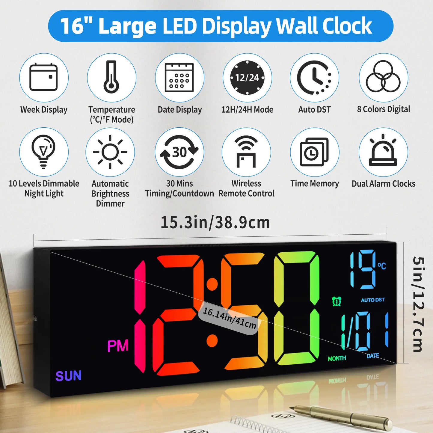 LEIKE 16.2" LED Digital Wall Clock with Remote Control, Dual Alarm, 8 RGB Colors, Auto DST, Temperature