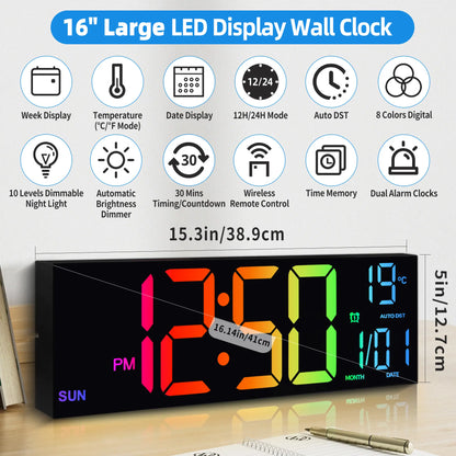 LEIKE 16.2" LED Digital Wall Clock with Remote Control, Dual Alarm, 8 RGB Colors, Auto DST, Temperature