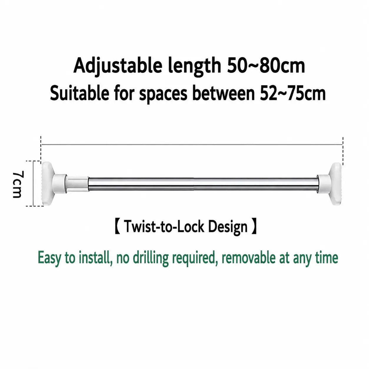 Adjustable No-Drill Wardrobe Rod, Telescopic Clothes Drying Rod, Available in Two Sizes, Rust-Proof Hanger, Suitable for Bathrooms, Shelves, and Wardrobes.