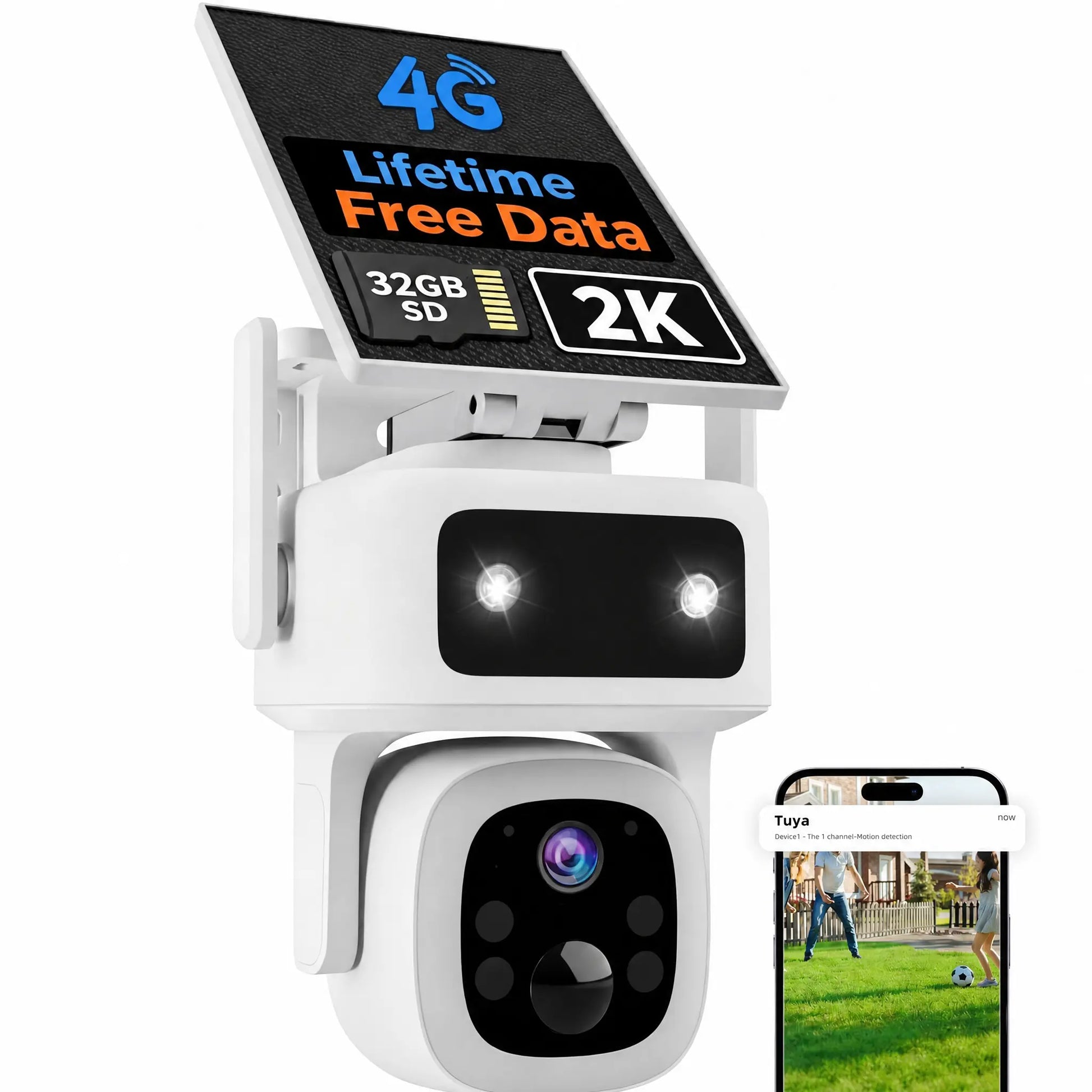 4G LTE Solar Cellular Security Camera Outdoor Wireless, Lifetime Free Data&No Monthly Fee, No Wifi, 360° PTZ, 2K Night Vision, Human Tracking, PIR, 2-Way Audio, 32GB TF Card, IP66 Waterproof