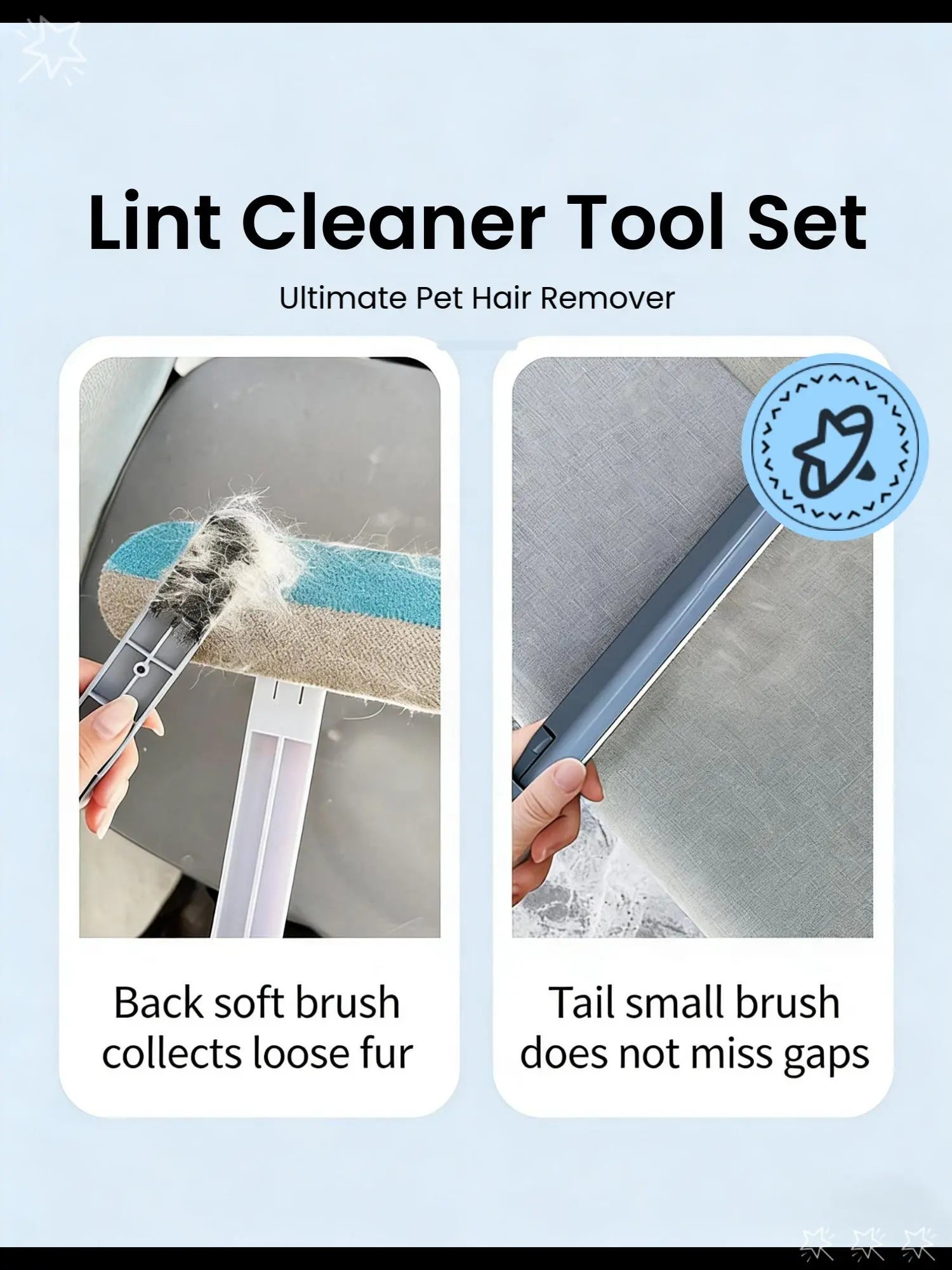 4-In-1 Long Handle Pet Fur Remover Brush & Washable Cleaning Gloves Set, Indoor Pet Hair Removal Lint Cleaner