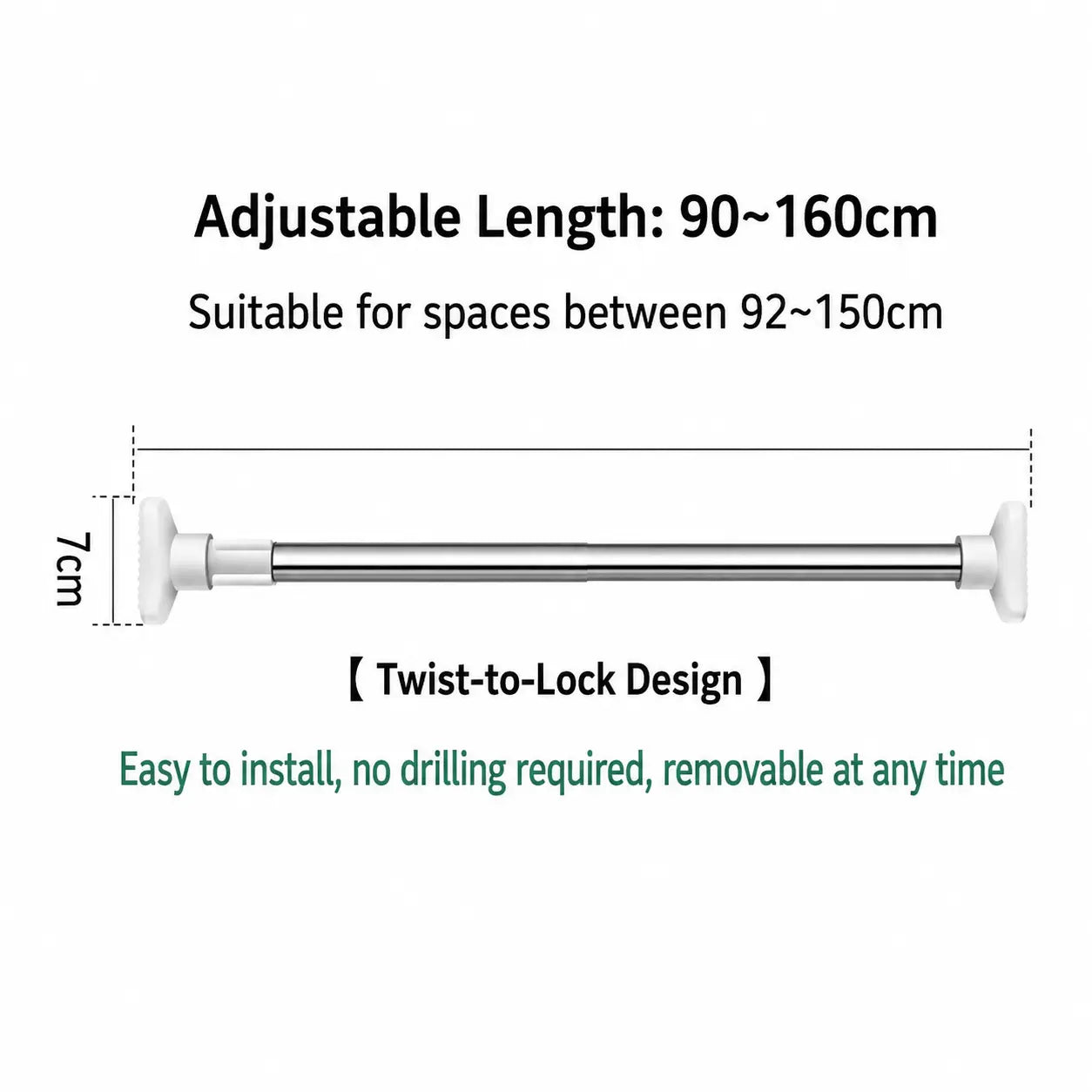 Adjustable No-Drill Wardrobe Rod, Telescopic Clothes Drying Rod, Available in Two Sizes, Rust-Proof Hanger, Suitable for Bathrooms, Shelves, and Wardrobes.