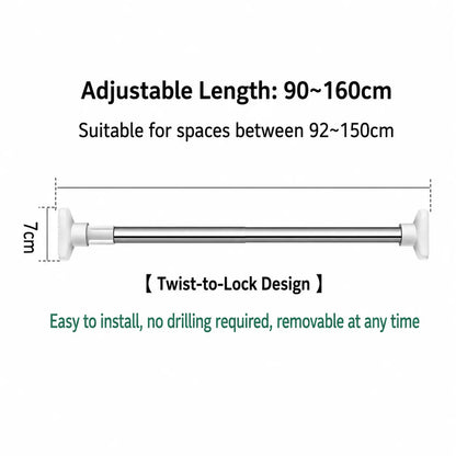 Adjustable No-Drill Wardrobe Rod, Telescopic Clothes Drying Rod, Available in Two Sizes, Rust-Proof Hanger, Suitable for Bathrooms, Shelves, and Wardrobes.