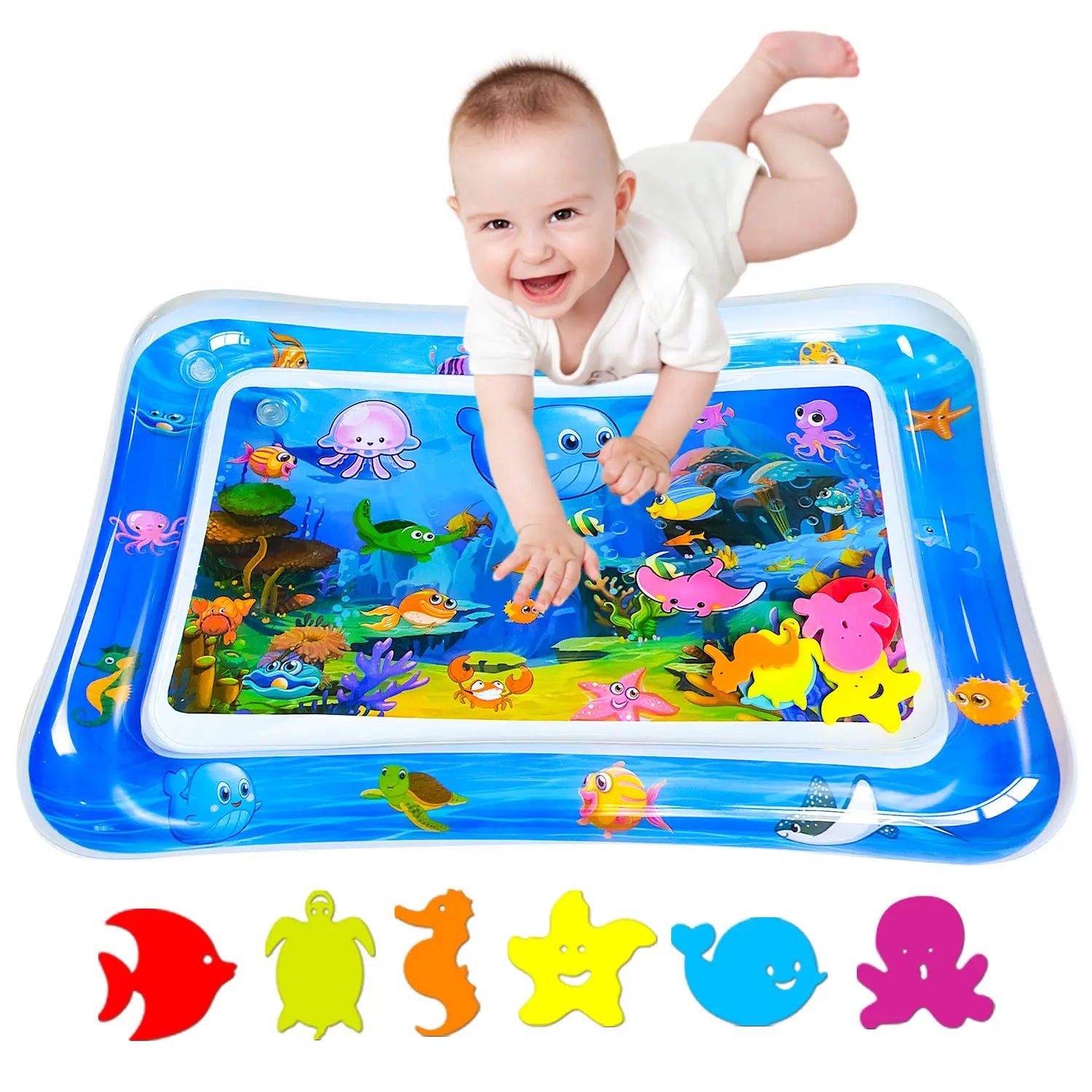 Inflatable Rectangle Tummy Time Water Mat for Infants 3-24 Months, Baby Toys with Seabed Patterns & Marine Animals, Bpa-Free Leak-Proof Sensory Toy for Pool Water Play